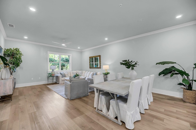 7416 Indigo Palms Way, Johns Island, SC 29455 - dining room with ornamental molding, baseboards, a ceiling fan, light wood-type flooring, and recessed lighting