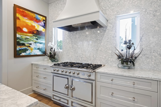 kitchen featuring stainless steel gas cooktop, wood finished floors, baseboards, premium range hood, and backsplash