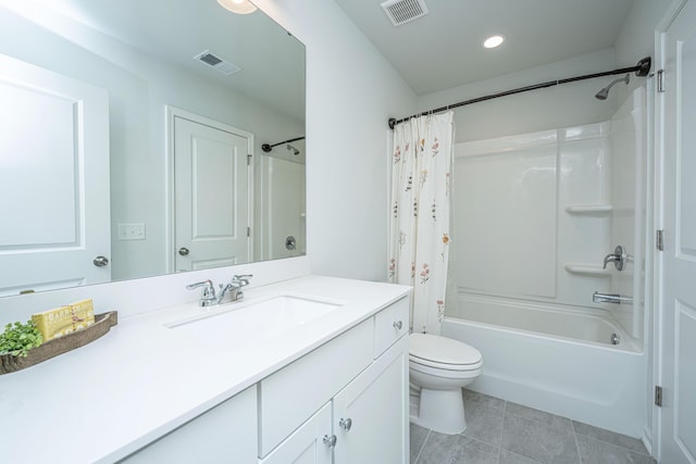 bathroom with shower / tub combo, tile patterned flooring, visible vents, and toilet