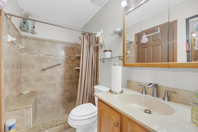 bathroom featuring a shower with curtain, vanity, and toilet