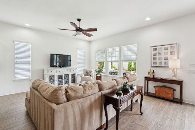 516 Tidewater Chase Ln, Summerville, SC 29486 - living room featuring a ceiling fan, light wood-type flooring, recessed lighting, and baseboards