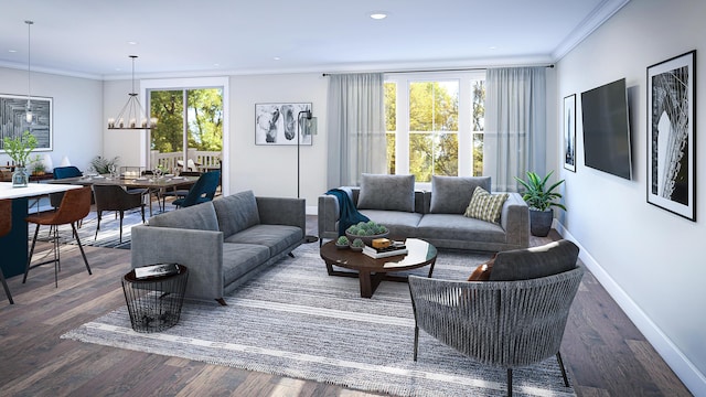 living area with an inviting chandelier, ornamental molding, wood finished floors, and baseboards