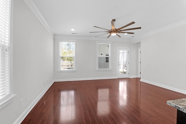 unfurnished living room featuring baseboards, a ceiling fan, ornamental molding, wood finished floors, and recessed lighting