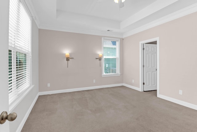 spare room with baseboards, a ceiling fan, carpet, a tray ceiling, and crown molding