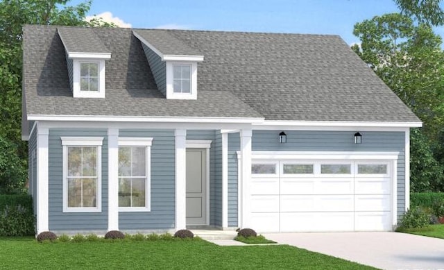 view of front facade featuring a garage, concrete driveway, roof with shingles, and a front yard