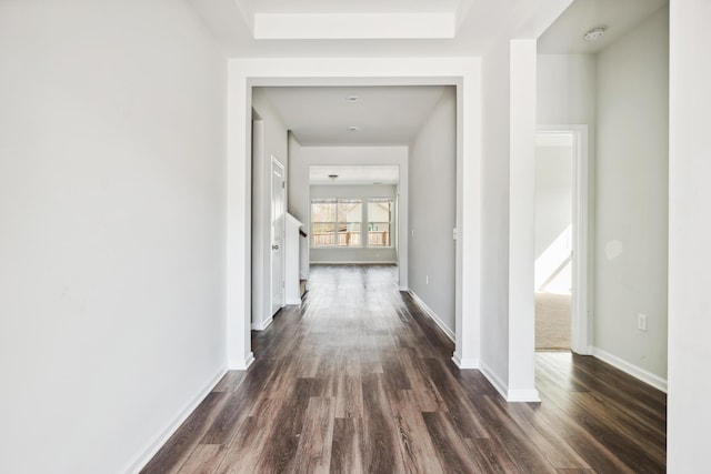 hall with baseboards and dark wood finished floors