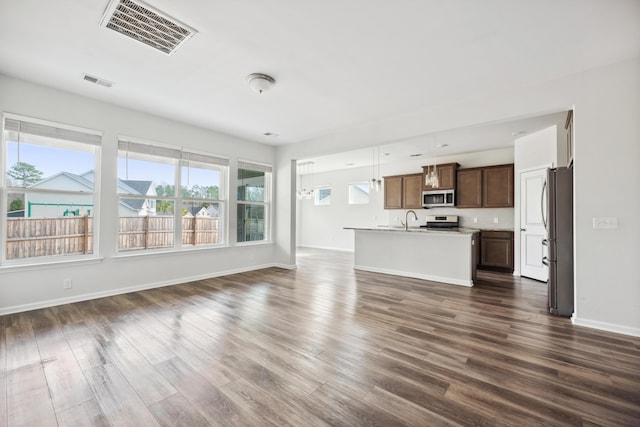 unfurnished living room featuring dark wood-type flooring, plenty of natural light, a sink, and visible vents