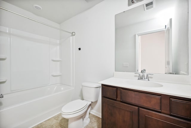 full bath with toilet, shower / bath combination, visible vents, and vanity