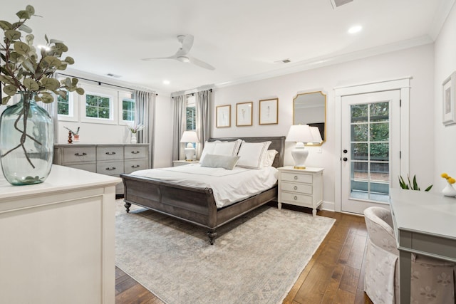 bedroom with ceiling fan, dark hardwood / wood-style floors, access to exterior, and crown molding