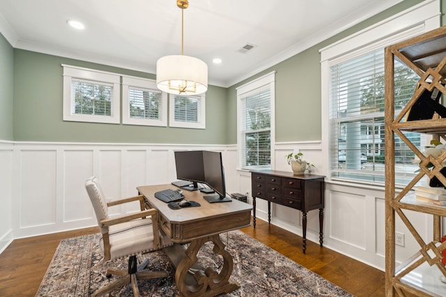 office area featuring crown molding and dark wood-type flooring