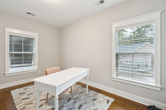 home office featuring dark hardwood / wood-style floors