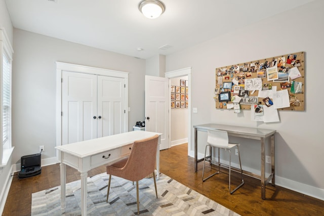 home office with dark wood-type flooring