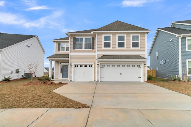 view of front of house with driveway, central AC unit, an attached garage, and a shingled roof