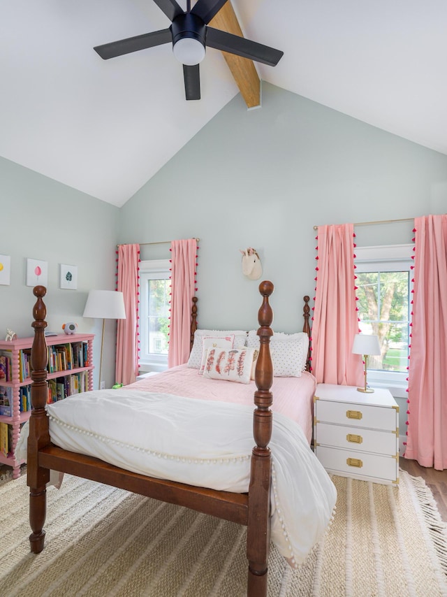 2 Live Oak Ave, Charleston, SC 29407 - bedroom featuring wood finished floors, ceiling fan, multiple windows, and vaulted ceiling with beams