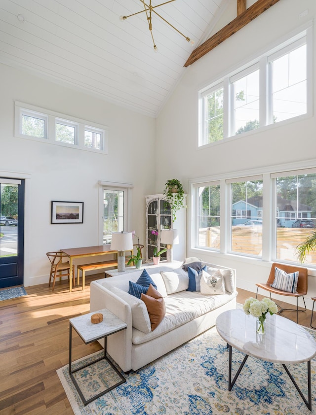 2 Live Oak Ave, Charleston, SC 29407 - living room featuring baseboards, beamed ceiling, high vaulted ceiling, wood ceiling, and wood finished floors