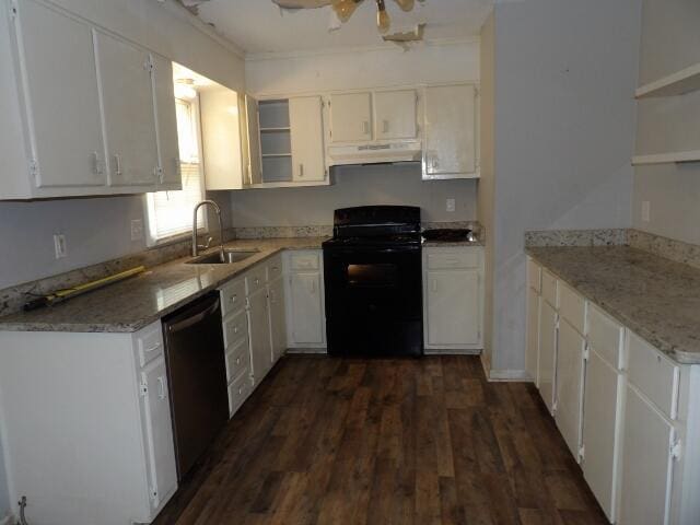kitchen featuring black appliances, open shelves, a sink, under cabinet range hood, and ornamental molding