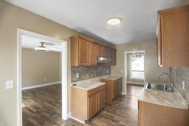 kitchen featuring tasteful backsplash, a textured ceiling, sink, and dark wood-type flooring