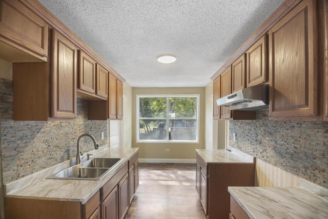 kitchen with a textured ceiling, tasteful backsplash, light wood-type flooring, and sink