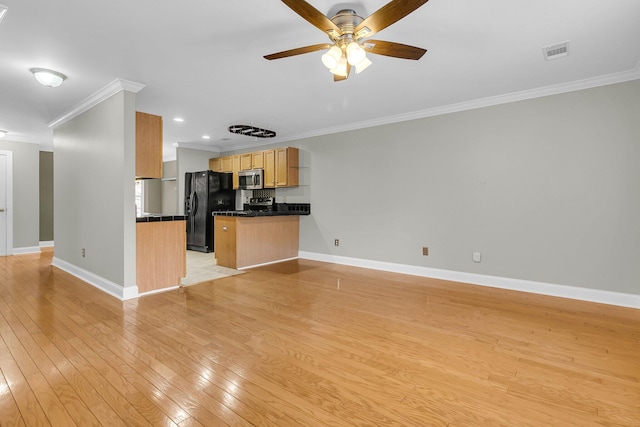 unfurnished living room with ceiling fan, ornamental molding, and light hardwood / wood-style floors