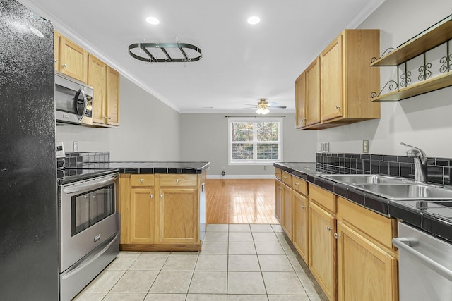 kitchen with ceiling fan, stainless steel appliances, crown molding, and sink