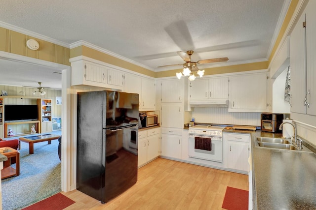 kitchen featuring sink, black refrigerator, oven, and crown molding