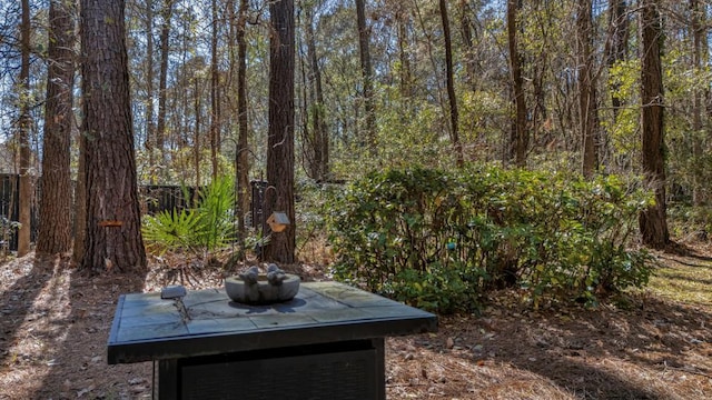 view of yard with a view of trees