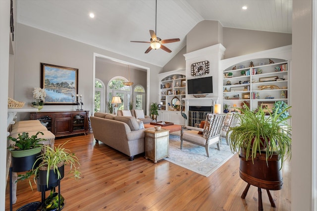 3948 Gift Blvd, Johns Island, SC 29455 - living room with a ceiling fan, built in shelves, light wood-style floors, a fireplace, and recessed lighting