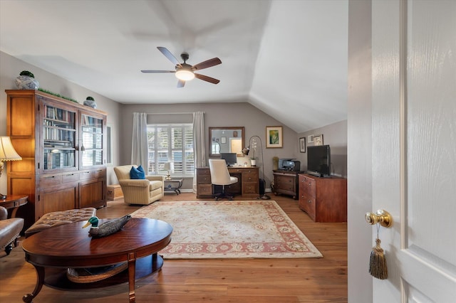 3948 Gift Blvd, Johns Island, SC 29455 - home office with light wood-style flooring, a ceiling fan, and vaulted ceiling