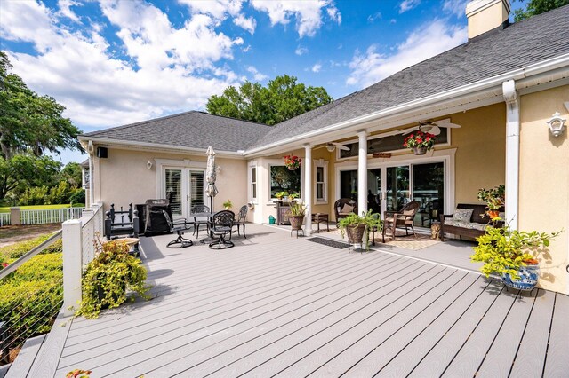 3948 Gift Blvd, Johns Island, SC 29455 - deck featuring a ceiling fan, fence, french doors, and an outdoor living space