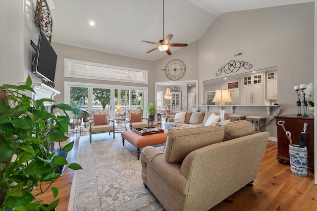 3948 Gift Blvd, Johns Island, SC 29455 - living room with high vaulted ceiling, light wood-type flooring, and ceiling fan