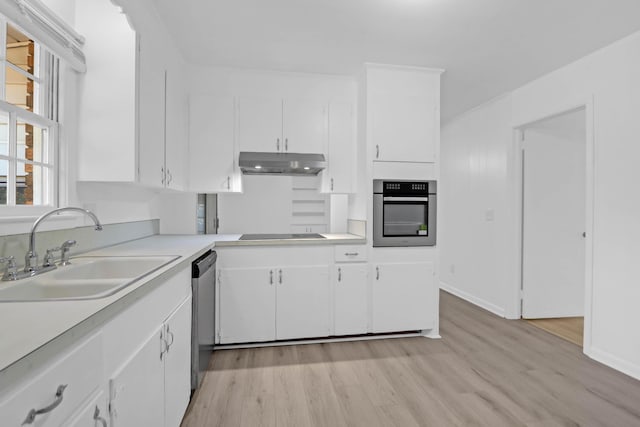 kitchen with a sink, stainless steel appliances, under cabinet range hood, and white cabinetry