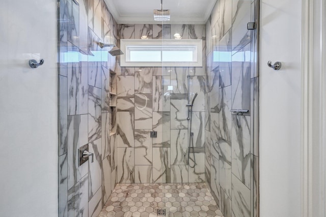 full bath with a stall shower and crown molding