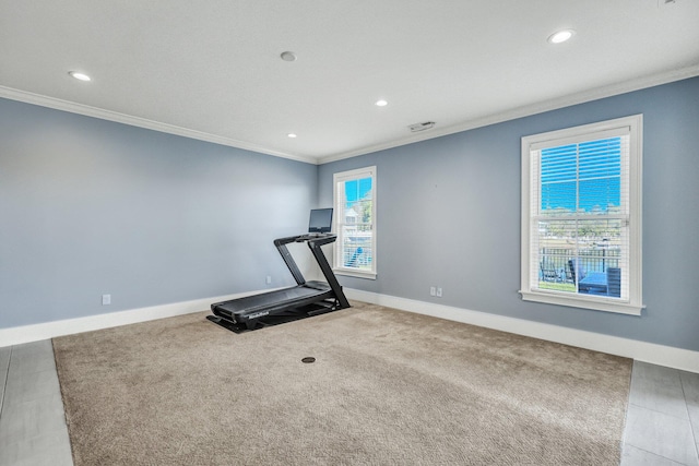 workout area with baseboards, crown molding, carpet floors, and recessed lighting