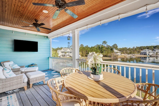 deck featuring a water view and ceiling fan