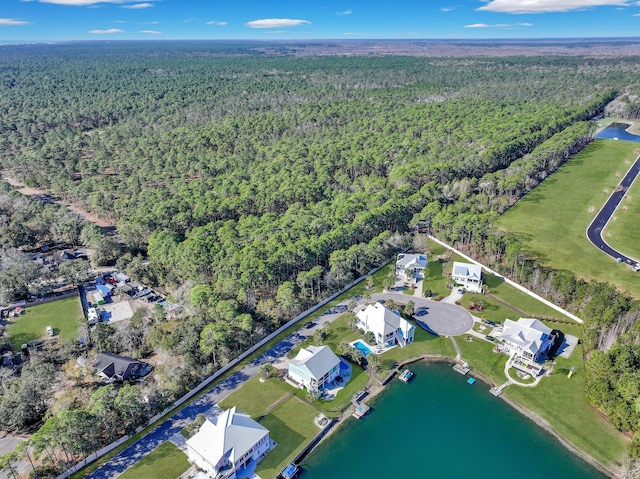 aerial view featuring a water view and a view of trees