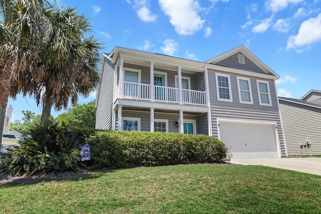 view of front of property with a balcony, concrete driveway, an attached garage, and a front yard