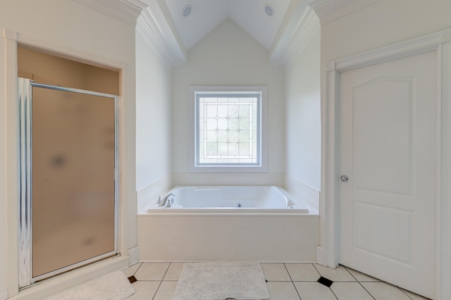 bathroom featuring separate shower and tub, vaulted ceiling, ornamental molding, and tile patterned floors