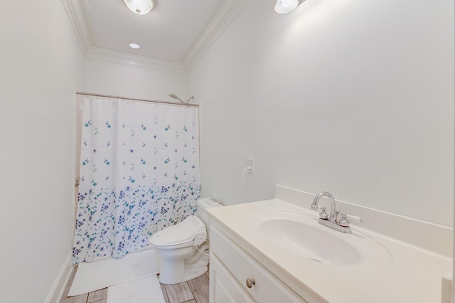 bathroom with toilet, crown molding, vanity, hardwood / wood-style flooring, and a shower with shower curtain