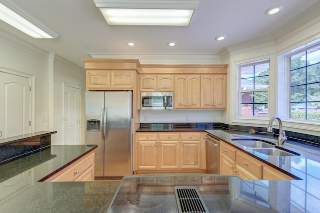 kitchen featuring light brown cabinetry, a wealth of natural light, stainless steel appliances, and sink