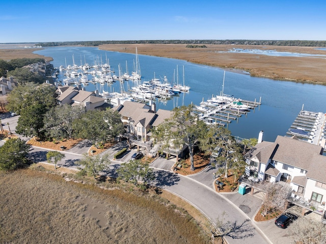 drone / aerial view featuring a water view