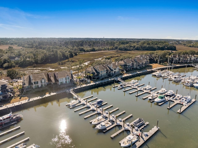 drone / aerial view with a water view