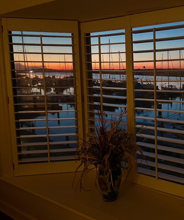 interior details featuring a water view