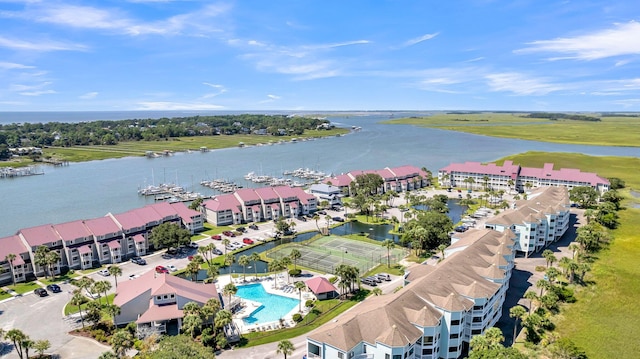 birds eye view of property featuring a water view