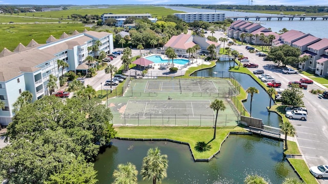 aerial view featuring a water view