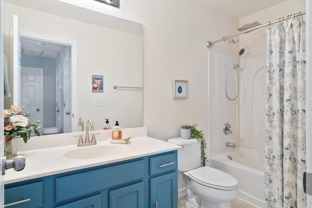 full bath with shower / tub combo with curtain, toilet, vanity, and visible vents