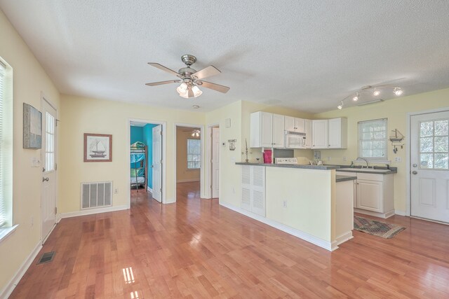 kitchen with white cabinets, light wood-type flooring, and a textured ceiling