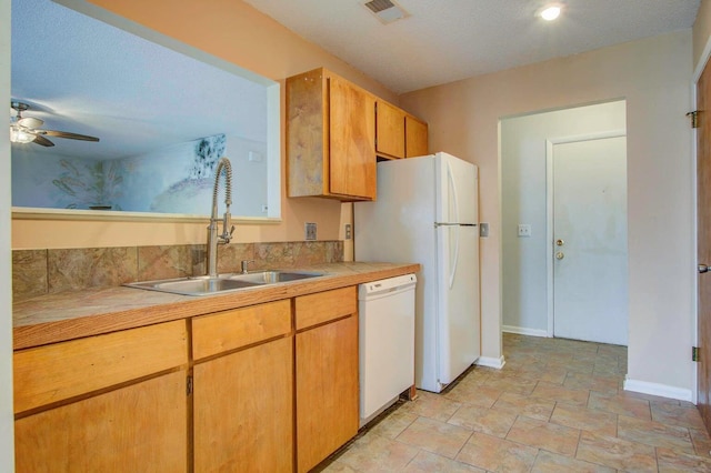 607 Waterwood Dr, Goose Creek, SC 29445 - kitchen featuring ceiling fan, a sink, white appliances, baseboards, and visible vents