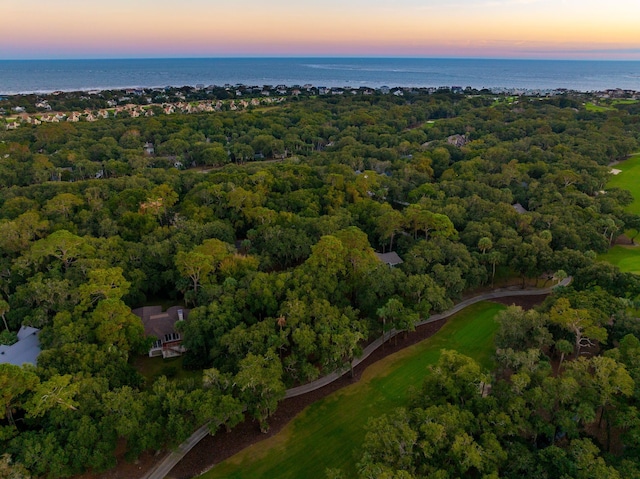 aerial view at dusk with a water view