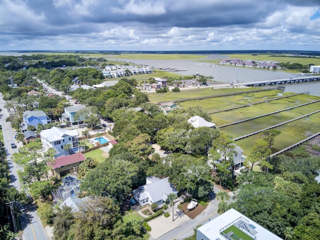 drone / aerial view featuring a water view