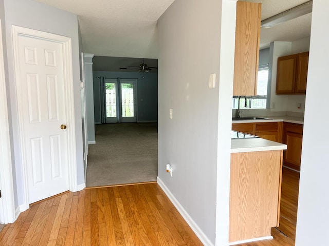 corridor with a sink, light wood finished floors, and baseboards